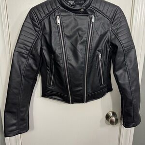 Zara Black “Leather” Cropped Motorcycle Jacket